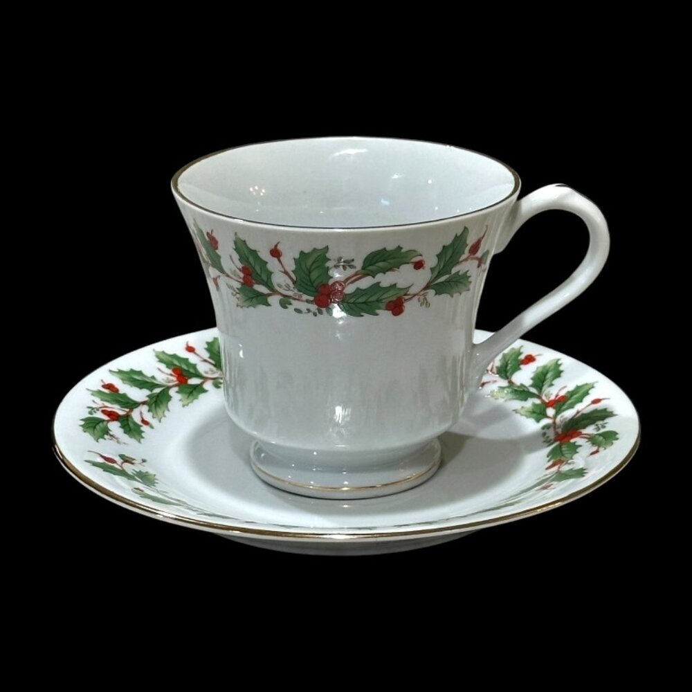 China Pearl Noel Holly and Berries Christmas Cup and Saucer Set Gold Trim White